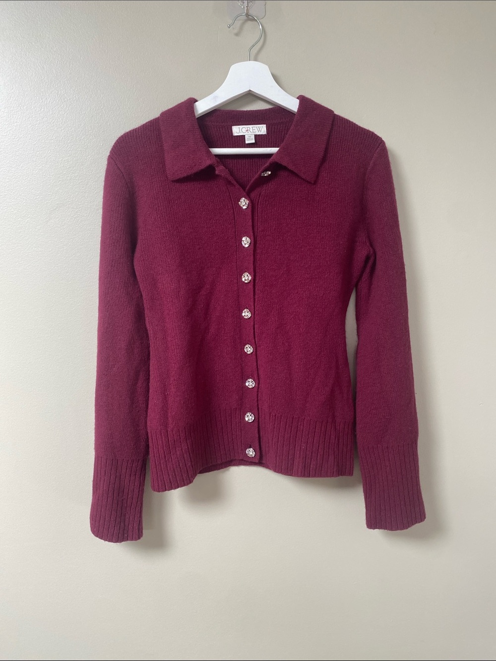 J. Crew Milano cinched burgundy Collared Button Cardigan XS